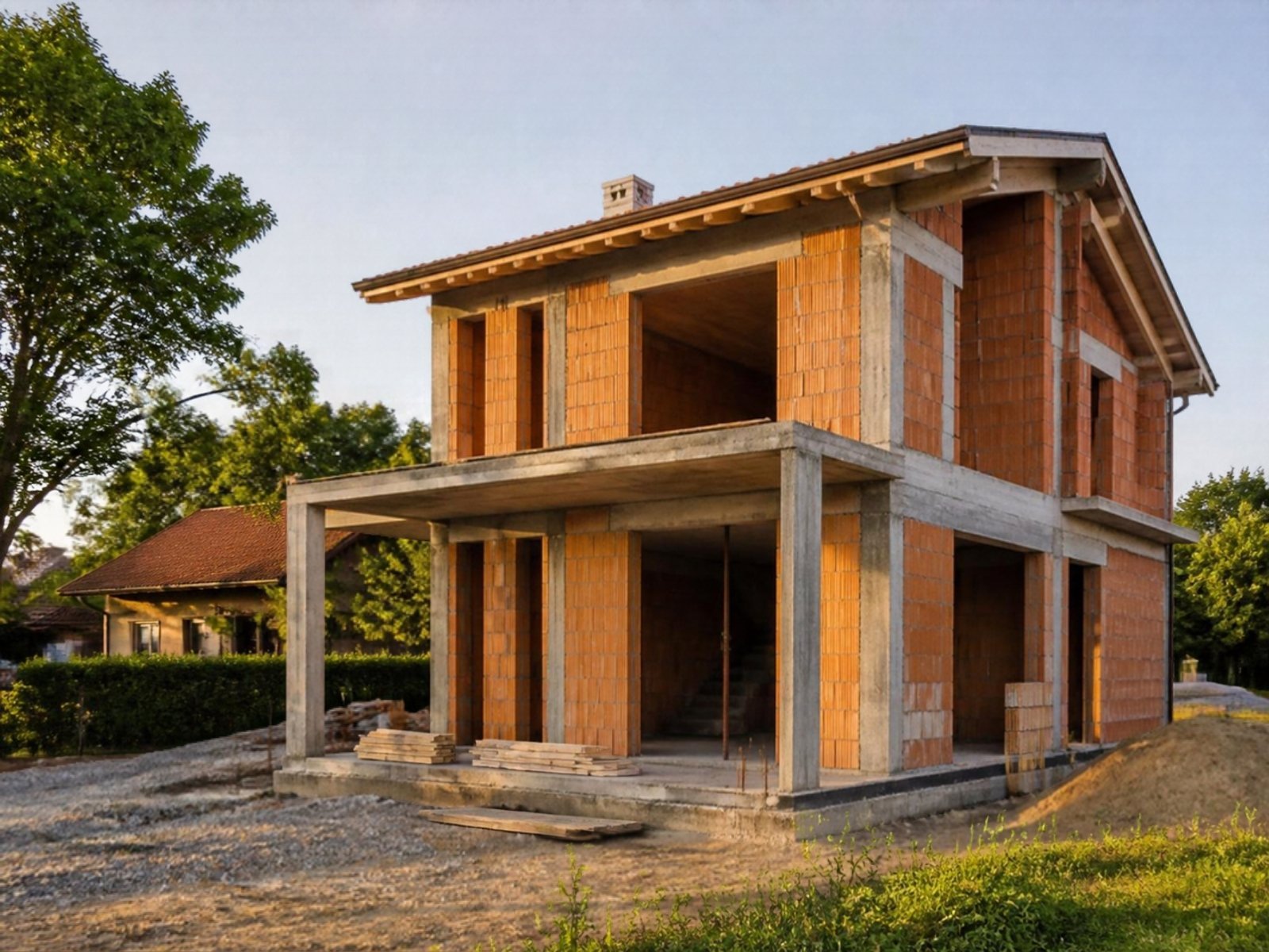 Casa de alvenaria em construção no terreno da família, ilustrando a partilha de construção feita em terreno dos sogros