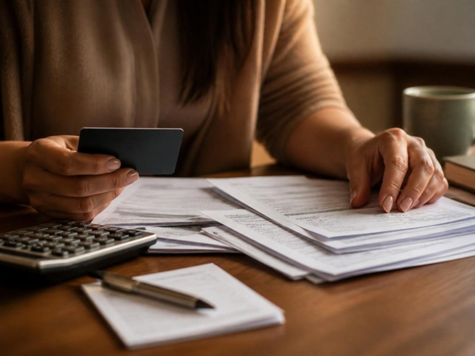 Mãos organizando contas e extratos sobre a mesa, com calculadora e cartão