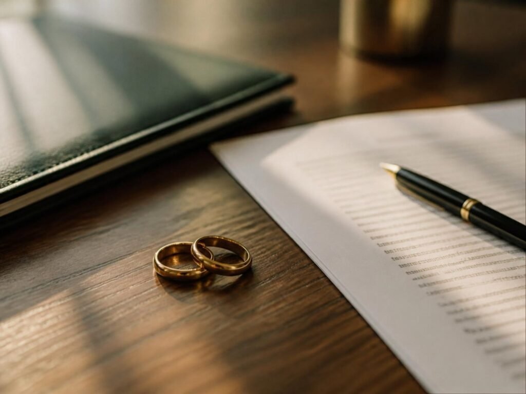 Alianças de casamento sobre a mesa ao lado de documento e caneta, ilustrando o divórcio sem a assinatura do outro cônjuge