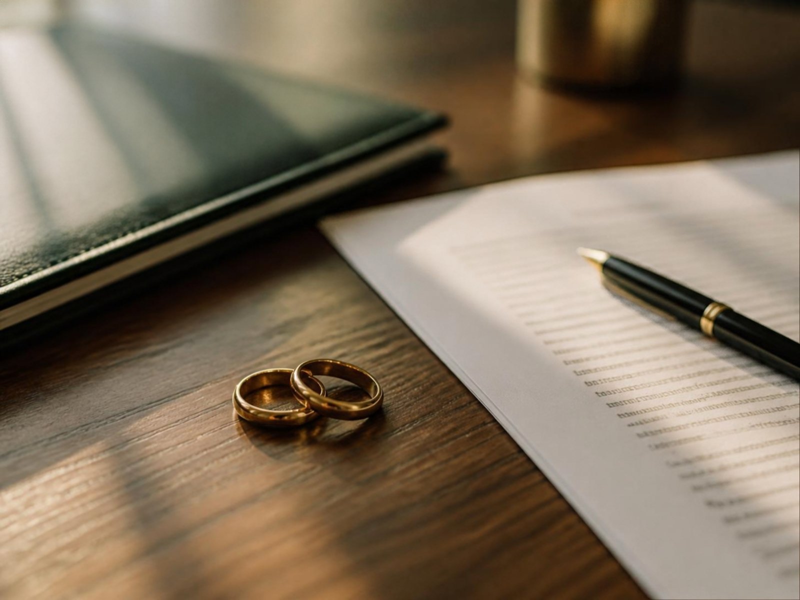 Alianças de casamento sobre a mesa ao lado de documento e caneta, ilustrando o divórcio sem a assinatura do outro cônjuge