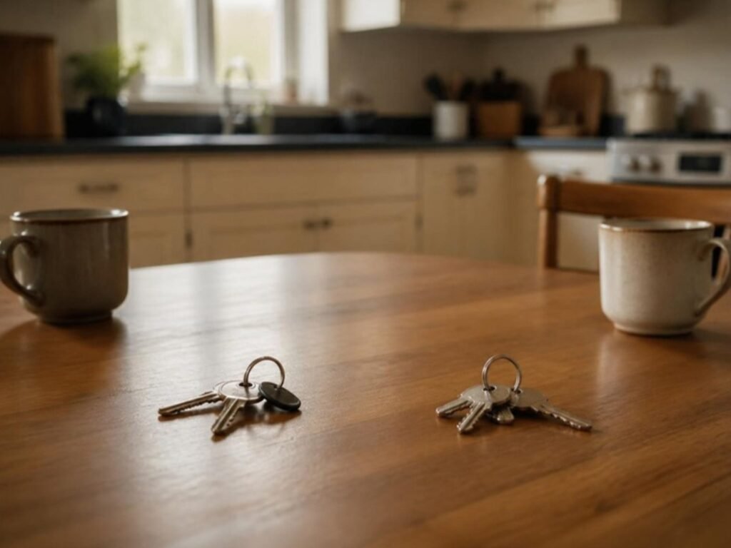 Dois pares de chaves sobre a mesa da cozinha de uma casa, com duas xícaras em lados opostos