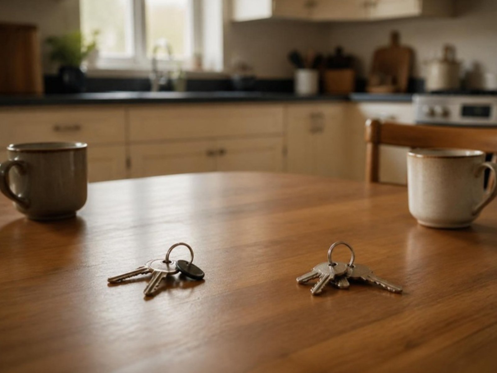 Dois pares de chaves sobre a mesa da cozinha de uma casa, com duas xícaras em lados opostos