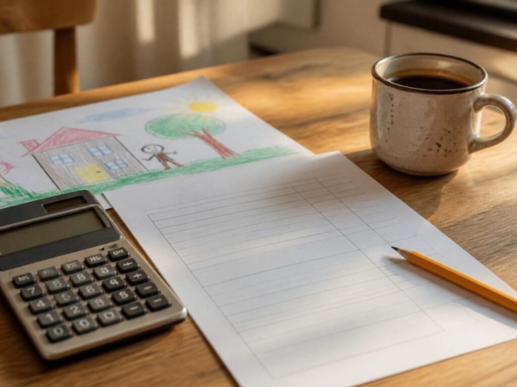 Calculadora, folha de orçamento, lápis, desenho infantil e xícara sobre uma mesa de cozinha