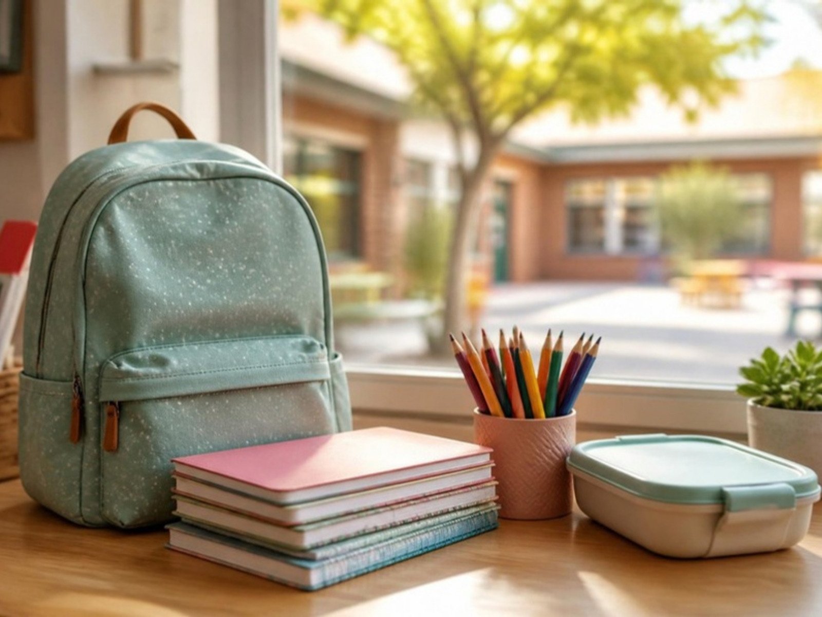 Mochila escolar, cadernos, lápis de cor e lancheira sobre uma mesa perto da janela