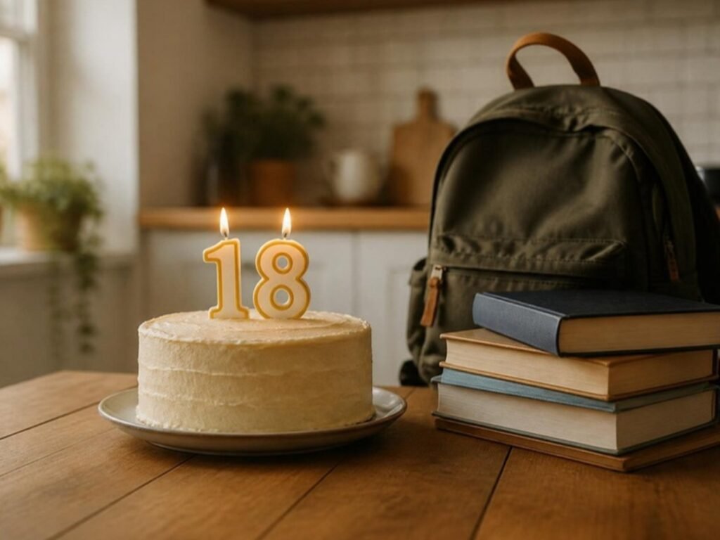 Bolo de aniversário com velas em forma de número 18 ao lado de livros e de uma mochila universitária
