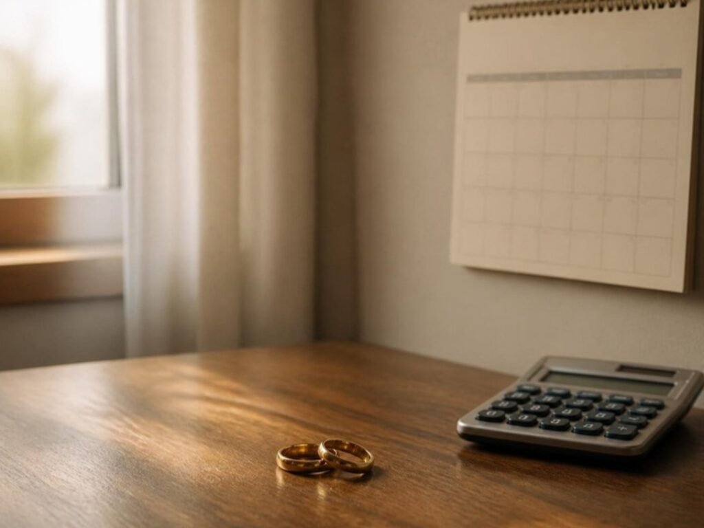 Duas alianças sobre uma mesa ao lado de um calendário de parede e de uma calculadora