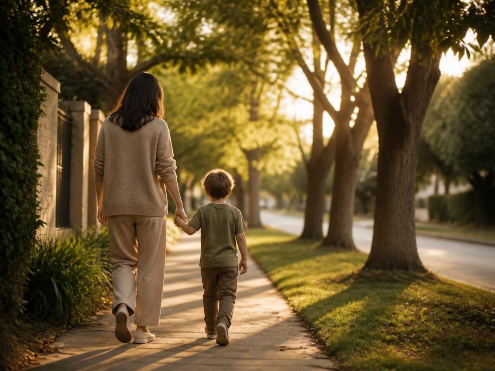 Mãe e filho de mãos dadas caminhando em calçada arborizada, ilustrando a pensão alimentícia dos filhos