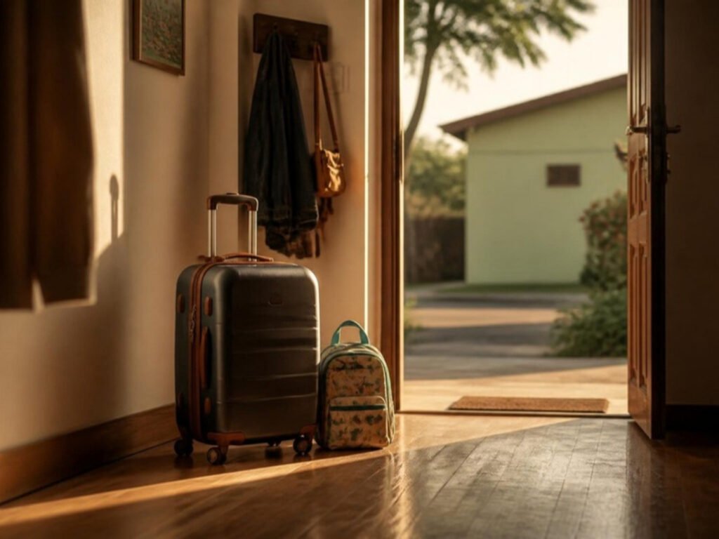 Mala de viagem e mochila infantil ao lado da porta aberta de uma casa, com luz de fim de tarde